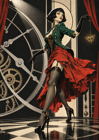 Illustrated cabaret performer in a green jacket and red skirt guiding a glowing moth before a large clock face and gears.