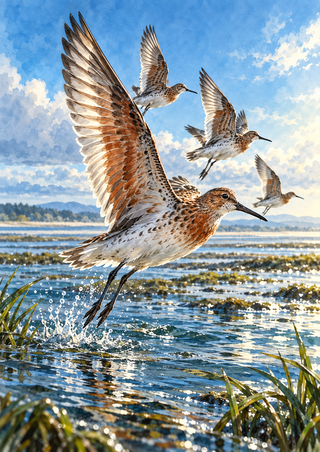 Four long-billed shorebirds fly over a teal tidal pool, led by a large bird with spread wings and three smaller birds behind.