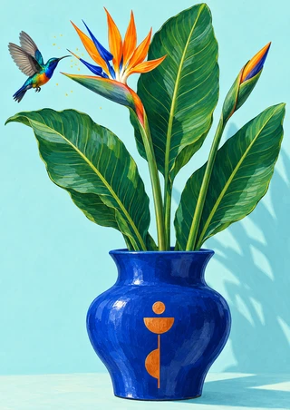 Bird-of-paradise plant with broad green leaves, orange-and-blue bloom, upright bud, and hovering bird in a cobalt pot against pale aqua.
