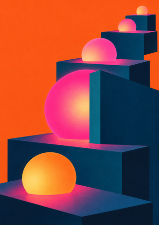 Five pink, amber, and smaller glowing orbs among rising dark teal platforms against a saturated orange background.