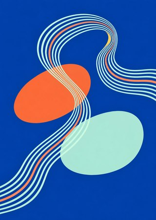 Nested mint curves loop around coral and pale mint ovals on an ultramarine blue background, with a small gold accent.