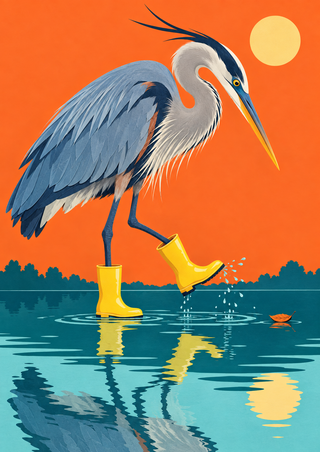 Blue-gray heron wearing yellow rain boots steps through teal water beneath an orange sky and yellow sun.