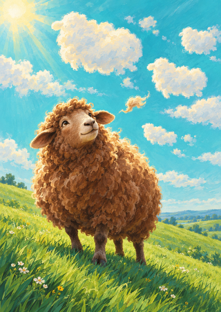 Shaggy chestnut-brown sheep looking upward in a flower-dotted green meadow beneath cream clouds and turquoise sky.