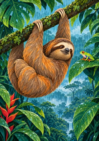 A brown sloth hangs from a mossy branch as a bright green tree frog sits on a leaf amid rainy rainforest foliage and waterfalls.