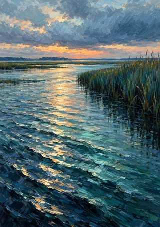 Wind-rippled salt-marsh channel at dusk, with reeds along the right bank and a peach-lit horizon beneath clouds.