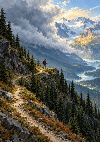 Small backpacked hiker on a rocky pine-covered ridge above a blue lake valley and distant snowy mountains beneath a cloud wall.