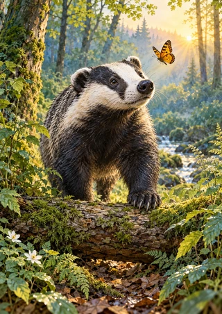 A black-and-white badger standing on a mossy fallen log looks up at an orange butterfly in a sunlit green woodland.