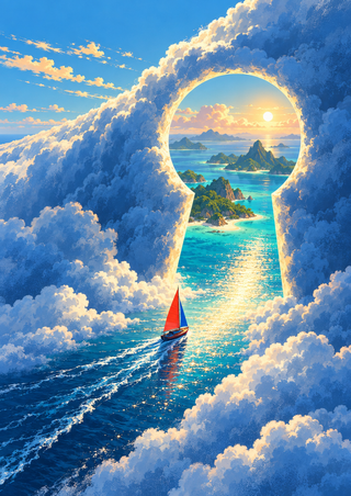 A small red-and-blue sailboat approaches a luminous keyhole-shaped opening in a blue cloud wall, revealing islands and turquoise sea.