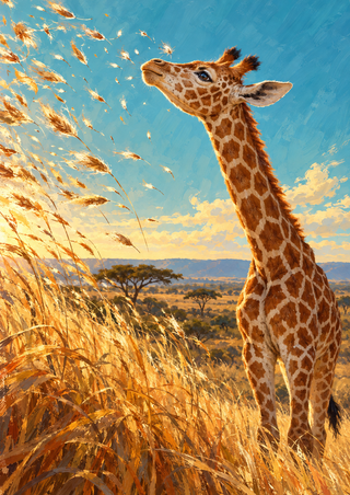 Young giraffe in profile lifting its muzzle toward drifting grass seeds above golden savanna grass, with distant acacia trees.