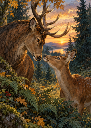 Large antlered stag bending toward a smaller doe among woodland ferns, with a glowing sunset between dark trees.