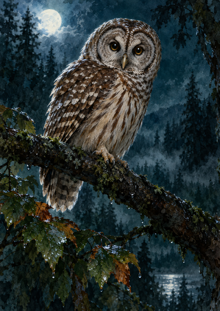 A barred owl with amber eyes perches on a dark branch with wet leaves, against a deep teal forest and bright moon.