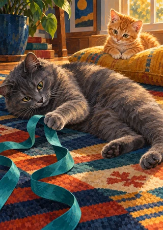 Smoke-gray cat reaching toward a teal ribbon on a patchwork rug as a ginger kitten watches from a sunlit cushion.
