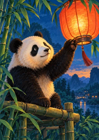Young giant panda reaching toward a glowing red-orange lantern from a bamboo perch in a twilight forest.