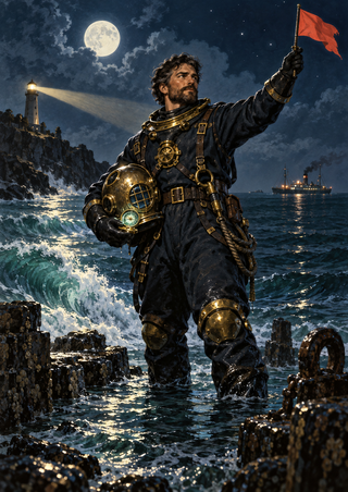 Bearded deep-sea explorer in a brass-trimmed diving suit raises a red flag in moonlit seawater, with a lighthouse and distant vessel.