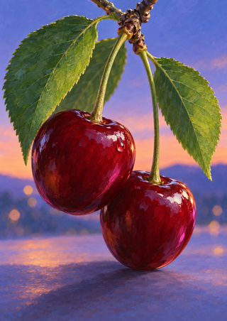 Two glossy red cherries with green leaves and a raindrop against a lavender-blue dusk sky and reflective water.