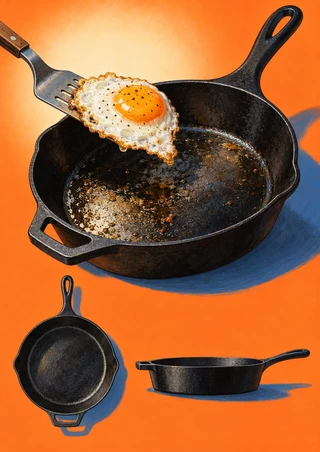 Black cast-iron skillet with a fried egg lifted on a spatula, above two smaller skillet views on an orange and cream background.