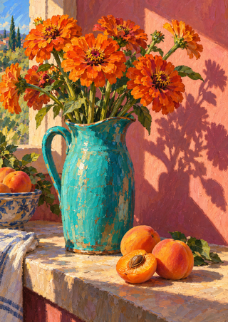 Turquoise pitcher filled with orange zinnias beside ripe and cut apricots on a ledge against a rose wall.