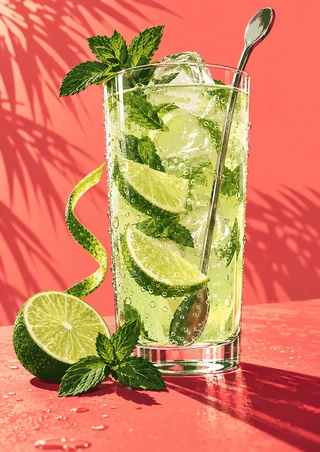 Tall glass of pale-green mint and lime drink with ice and spoon, beside a lime half, mint sprig, and curled peel on coral.