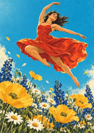 A woman in a flowing red-orange dress leaps above large yellow, white, and blue wildflowers beneath a turquoise sky.