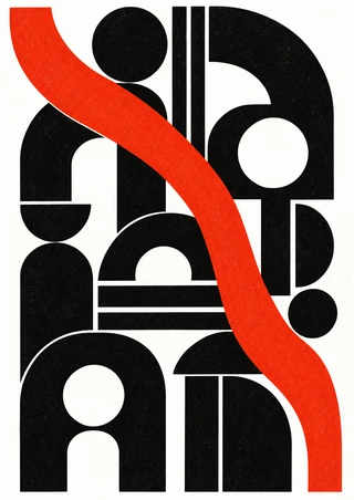 Interlocking black arches, circles, and bars crossed diagonally by a vermilion band on a white-margined poster.