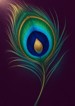 Iridescent peacock feather with an oval emerald, teal, blue and gold eye against a deep plum background.