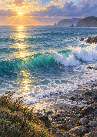 A turquoise wave breaks toward a rocky shore beneath apricot sunrise light, with a distant headland and coastal grasses.