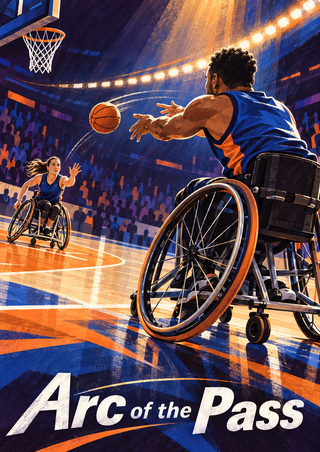 A wheelchair basketball player passes to a teammate beneath arena lights, with a hoop at upper left and the title Arc of the Pass below.