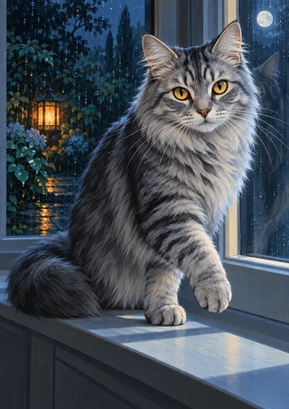 Long-haired silver tabby cat with amber eyes on a windowsill, looking toward the viewer as rain falls over a garden with a glowing orange lantern.