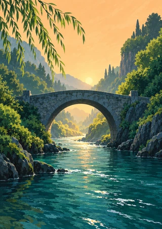 Stone arch bridge over a teal river between green wooded banks, with a willow branch above and golden light beyond the arch.