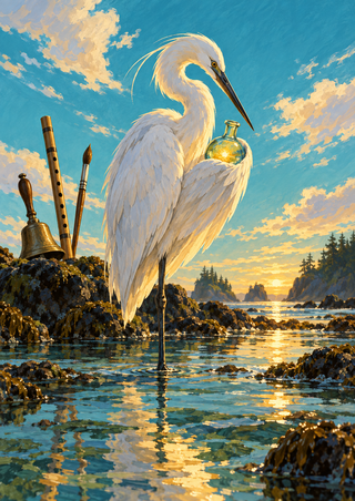White heron beside a small green-gold vessel in a rocky tidal pool, with a bell, flute, and brush-like object nearby.