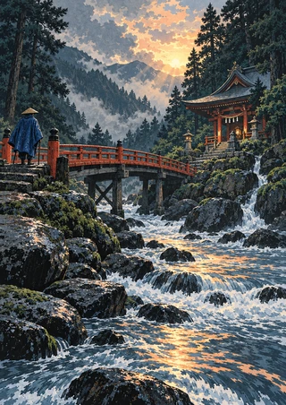 A blue-cloaked traveler stands by a red bridge across a rushing stream, facing a mountain shrine among pine-covered rocks.