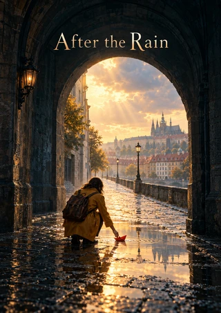 Traveler in a mustard coat reaches toward a red paper boat in a puddle beneath a stone arch, with sunlight on the city beyond.