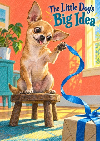 Tan chihuahua on a wooden stool reaches toward a blue ribbon curling to a gift parcel in a sunny coral-and-turquoise room.