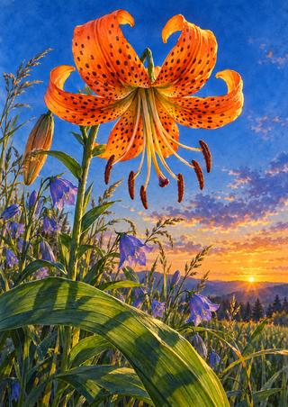 Orange, dark-spotted tiger lily above violet bellflowers and grasses at sunset, with a broad green leaf in the foreground.