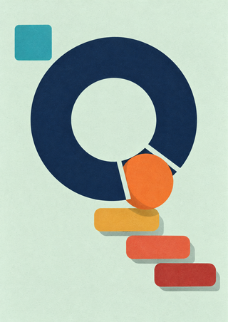 A midnight-blue ring with a diagonal opening overlaps an orange disk, balanced by a turquoise square and descending colored bars.