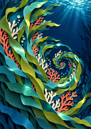 Layered kelp-like leaves and branching coral curl into an underwater spiral, with pale bubbles and turquoise light against deep navy.