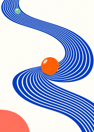 Abstract poster with a sweeping band of blue parallel lines, a large orange sphere, a smaller mint sphere, and a cropped coral crescent on warm white.