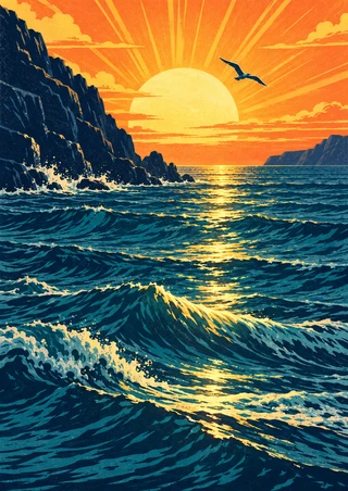 Large orange-yellow sun rising over dark coastal cliffs and teal waves, with a small bird gliding above the horizon.