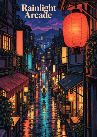 Small cyclist riding away through a wet market lane beneath a large glowing red-orange lantern, with turquoise reflections and buildings.