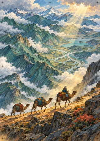 Three loaded camels and riders crossing an ochre mountain trail above a clouded valley with braided rivers.