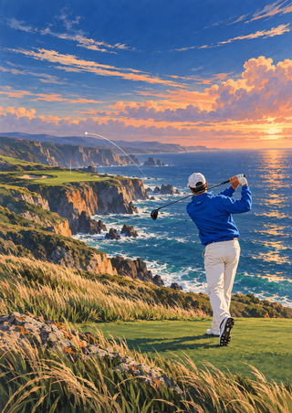 Rear-view golfer in a cobalt jacket finishing a swing above sea cliffs at sunset, with a distant flag and ball trail.