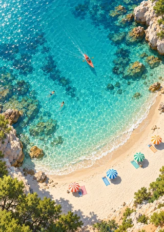 Aerial view of a coral kayak and two swimmers in turquoise water beside a curved sandy beach with striped parasols.