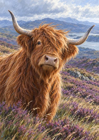 Shaggy russet Highland cow with curved horns standing in purple heather and grasses before a distant ridge and cloudy sky.