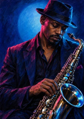 An adult saxophonist in a dark suit and wide-brimmed hat bows his head over a reflective saxophone against blue and magenta light.