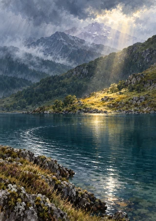 A mountain lake beneath cloudy ridges, with sunlight illuminating a golden shore and reflecting on the water beside a rocky foreground bank.