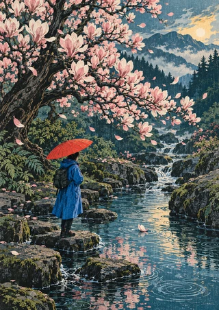 Pink magnolia branches arch above a mountain stream and waterfall as a figure under a red-orange umbrella stands on a rock.