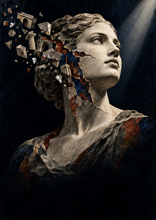 Pale fractured stone female bust turning toward an upper-right beam of light as blue and rust layers and architectural fragments break away.