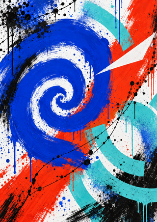 Abstract poster with a large cobalt spiral, vermilion diagonal, pale turquoise arcs, black splatters and a white wedge on a bright ground.