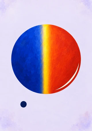 Minimalist abstract poster with a large blue-and-vermilion circle, yellow vertical band, ivory curved accent and navy dot on pale lilac.