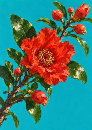 Large scarlet pomegranate flower with yellow stamens, surrounded by red buds and glossy green leaves against a turquoise background.